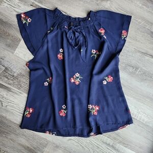 Luna Rae XL Navy Embroidered Floral Ruffle Blouse Feminine Boho Top/ Summer